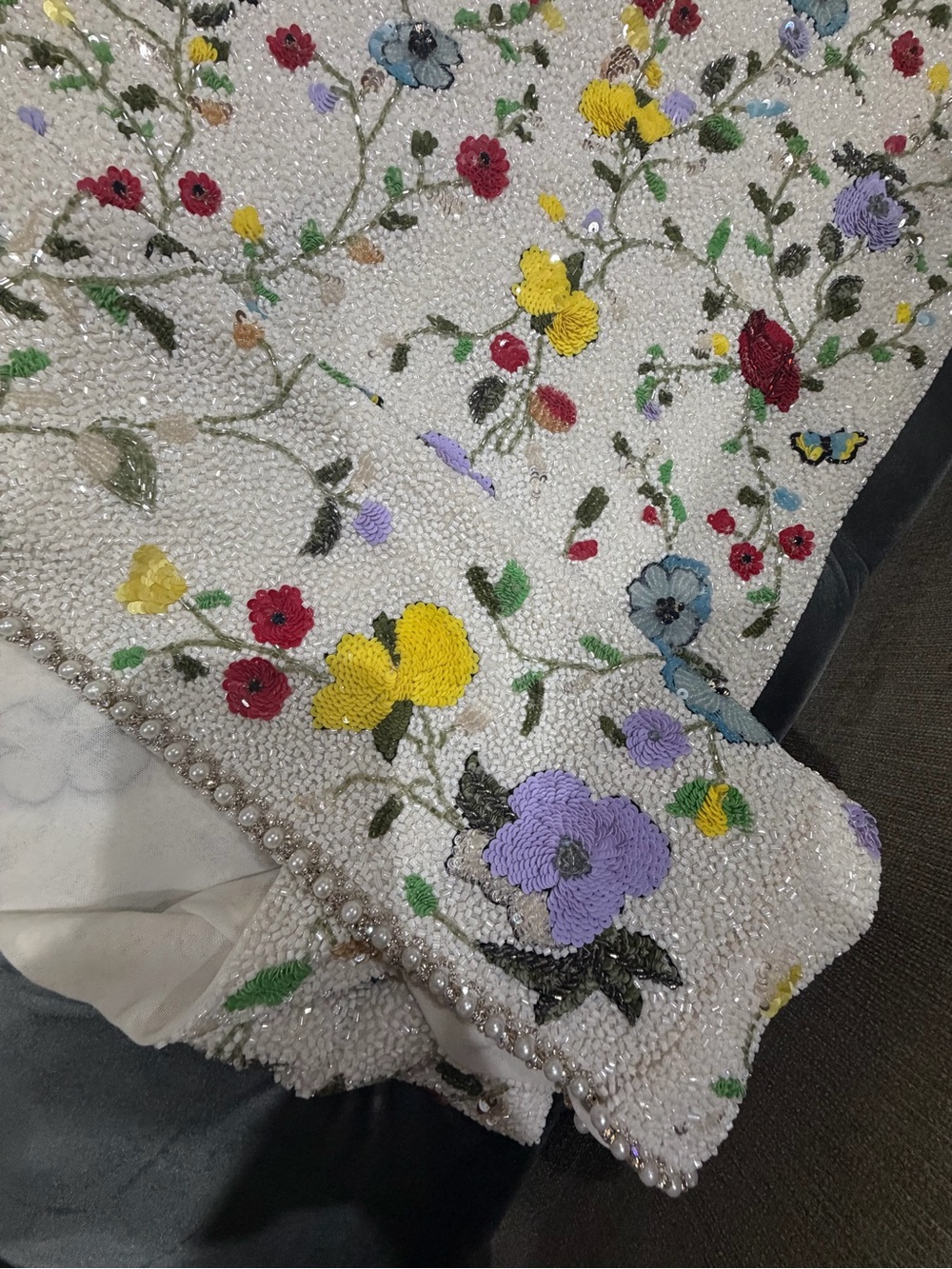 Alice + Olivia Strapless White Beaded Gown with Multicolor Floral Embroidery - Picture 7 of 16